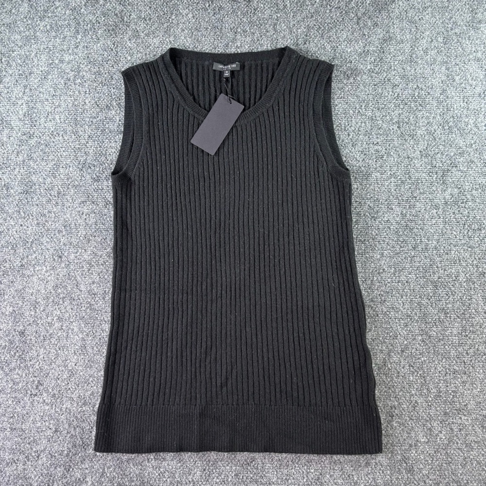 Lafayette 148 Sweater Vest Womens M Black 100% Cashmere Ribbed‎ V-Neck New NWT